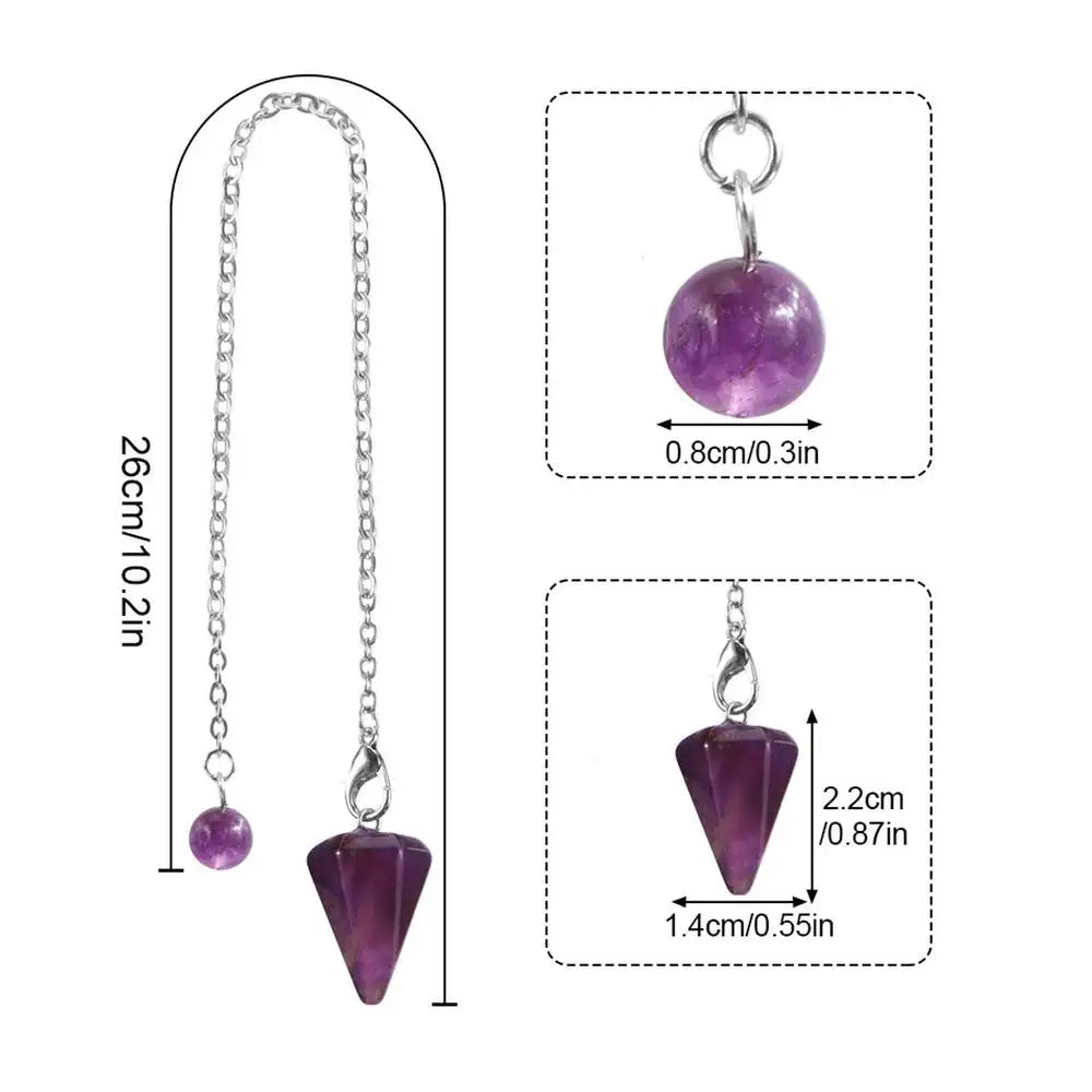 Purple crystal pendant with chain measurements on a white background