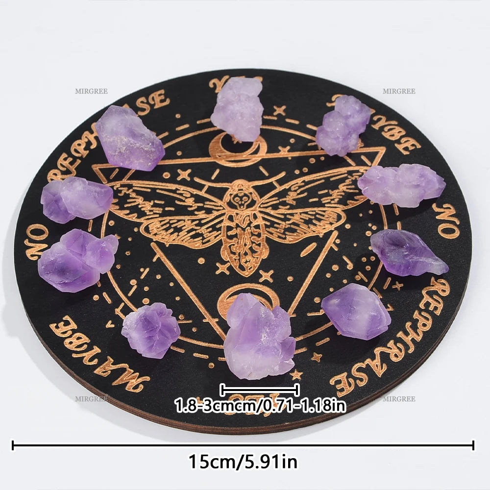 Decorative coaster with purple crystals and gold designs on a black background