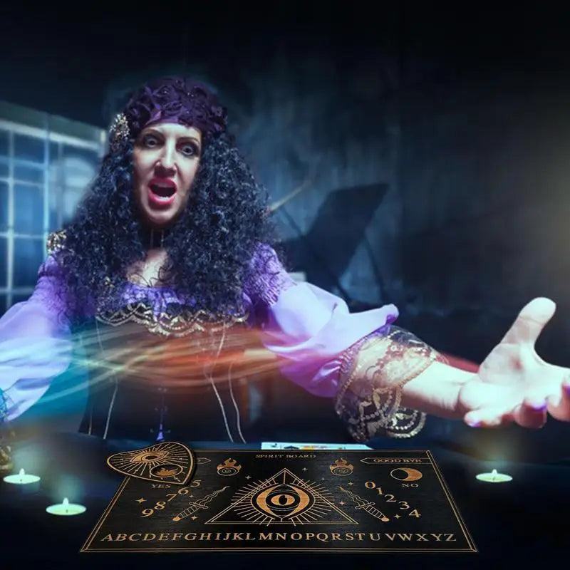 Woman in a mystical setting with candles and an Ouija board