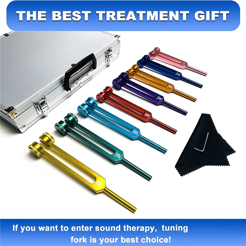 Colorful tuning forks with a carrying case on a white background, labeled 'The Best Treatment Gift'.