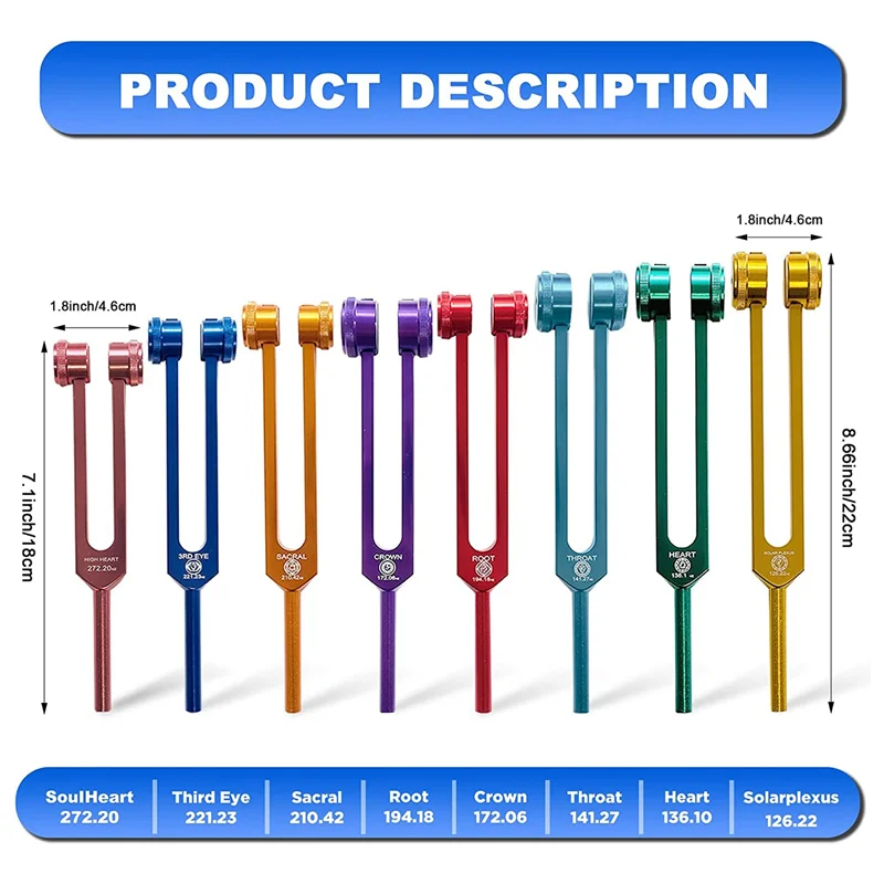 Set of colorful tuning forks with measurements and frequencies on a white background