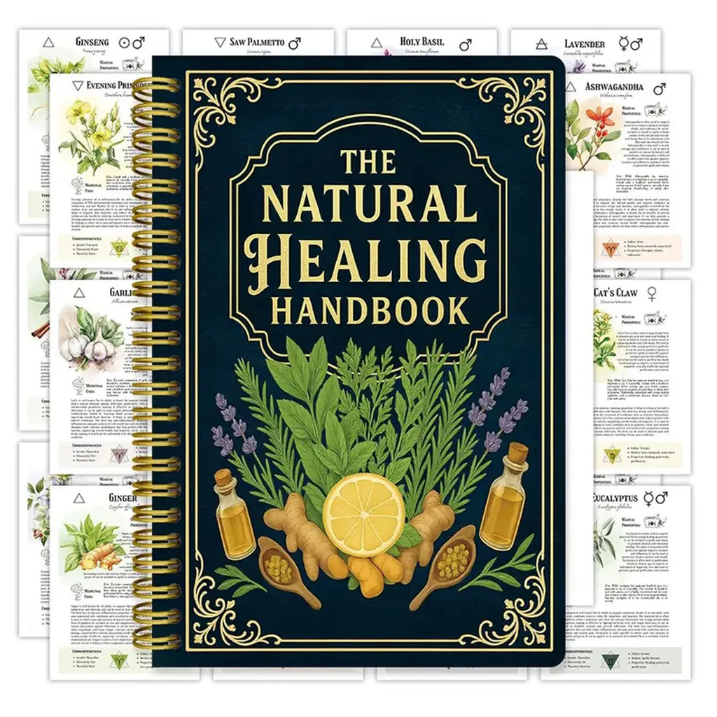 Book titled 'The Natural Healing Handbook' with illustrations of herbs and ingredients on a white background.