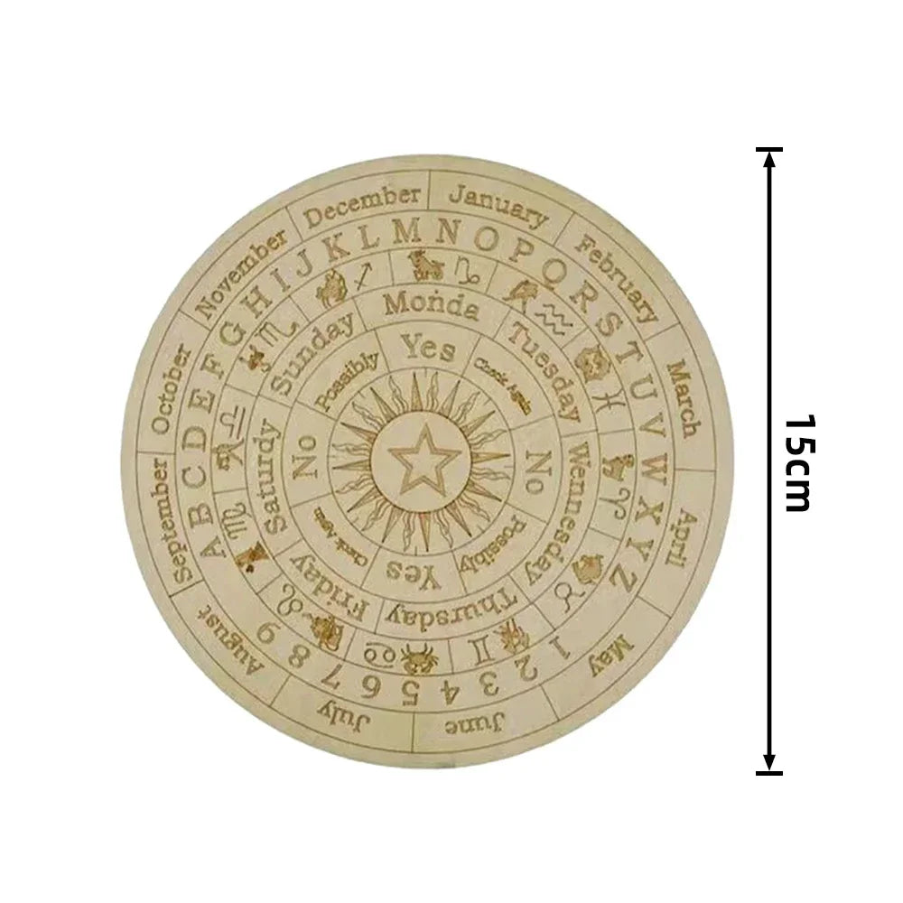 Circular wooden calendar with engraved text and measurements on a white background