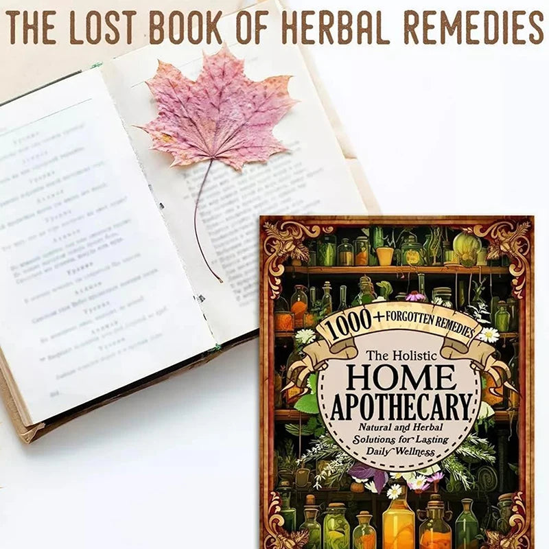 Open book with a pink leaf on a white surface, next to a decorative box labeled 'The Holistic Home Apothecary'.