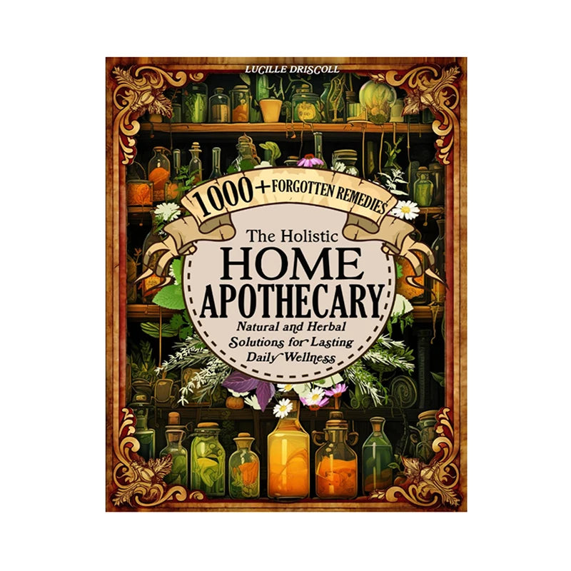 Book cover of 'The Holistic Home Apothecary' with bottles and herbs on a white background
