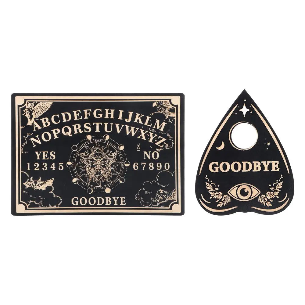 Ouija board and heart-shaped cutout with 'GOODBYE' text on a white background