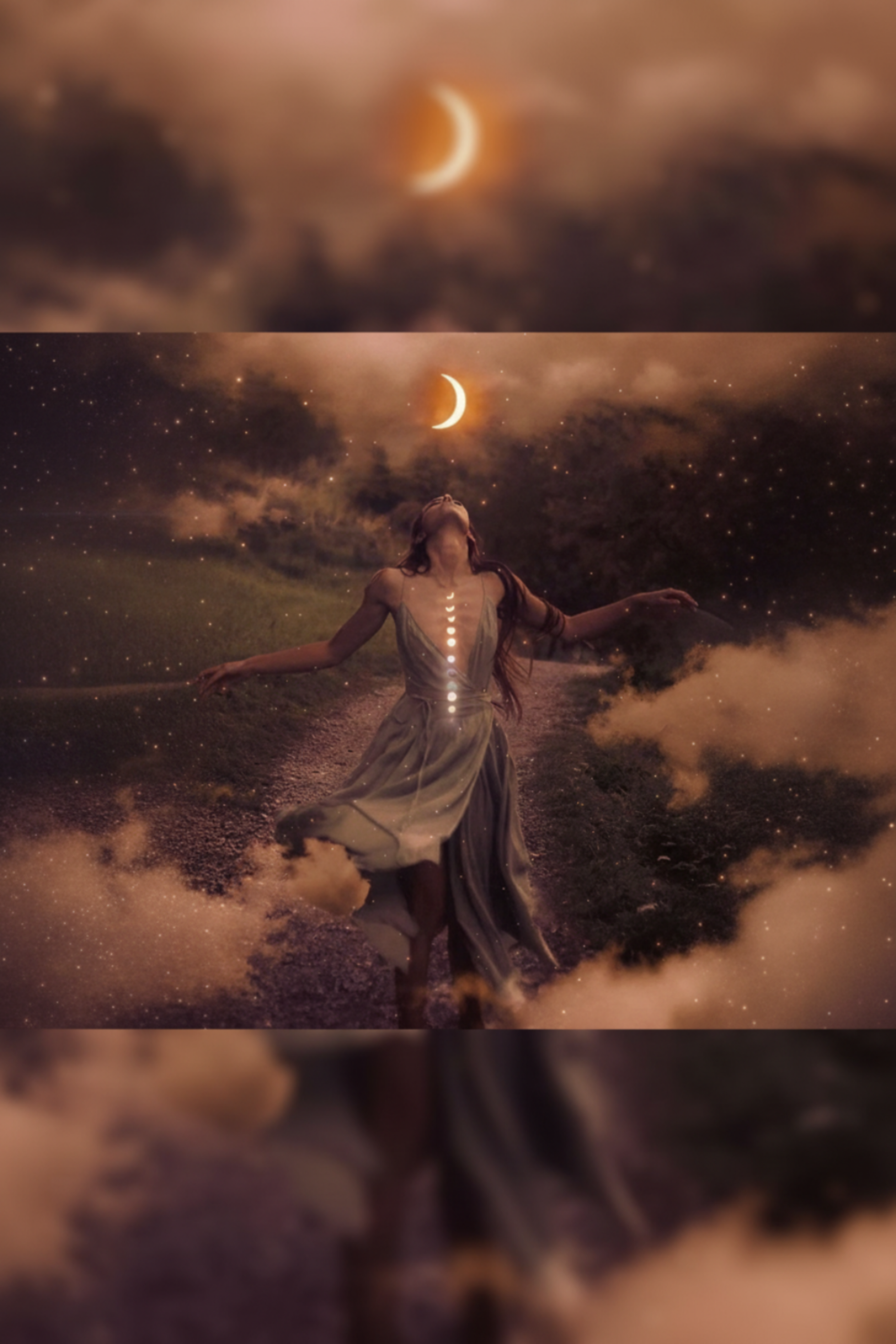 Woman in a dress standing on clouds with a crescent moon in the sky